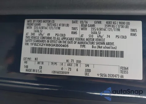 2016 Ford Transit-350 Xlt from USA, damaged, VIN 1FBZX2YM8GKB00405